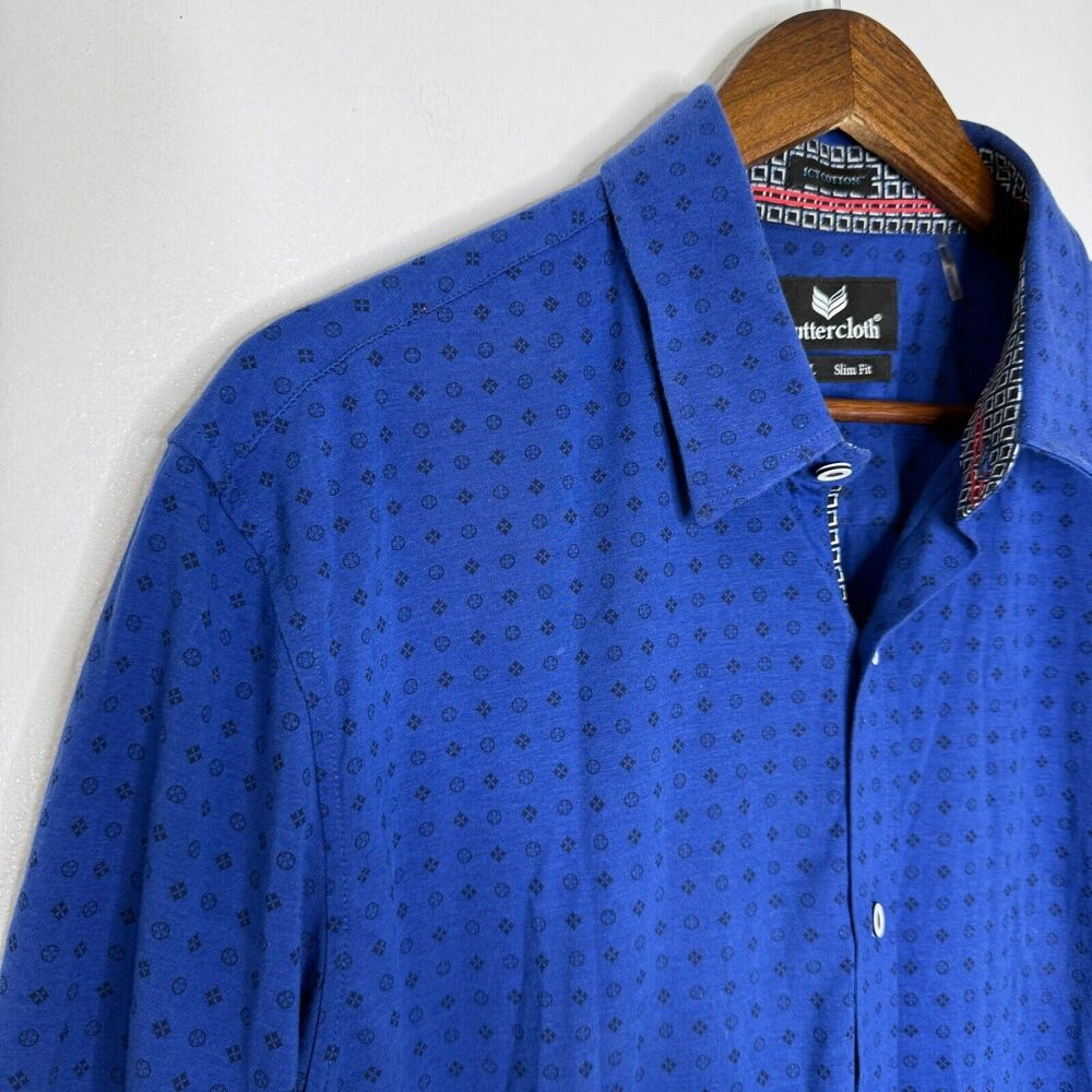 Buttercloth Icy Cotton Shirt Blue Geometric XL Slim Fit Stretch Button Up Polish